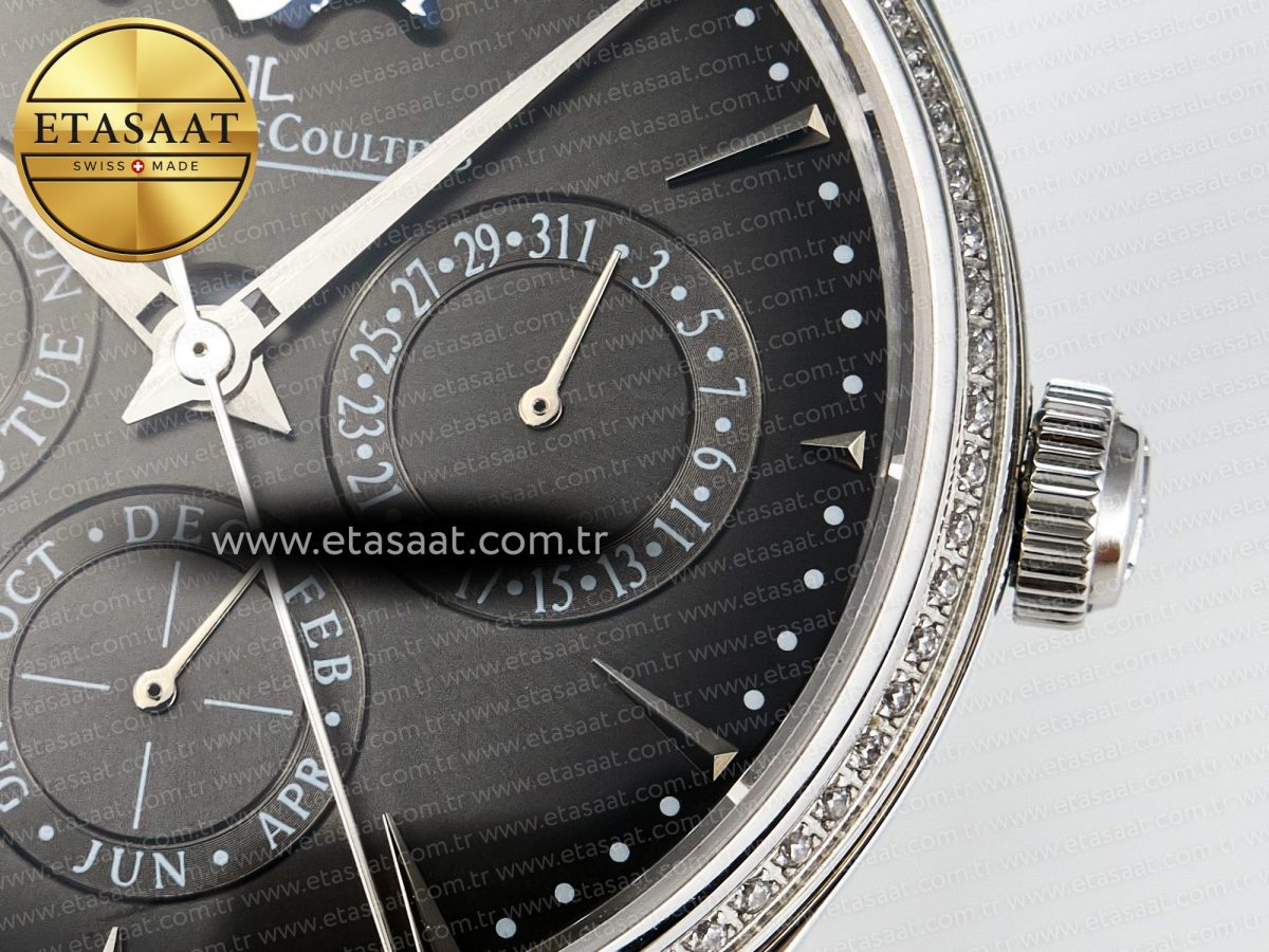 Jaeger Lecoultre Master Ultra Thin Perpetual Calendar SS V9F 1:1 Best Edition Gray Dial Diamonds Bezel on Black Leather Strap A868 V2 - Görsel 12