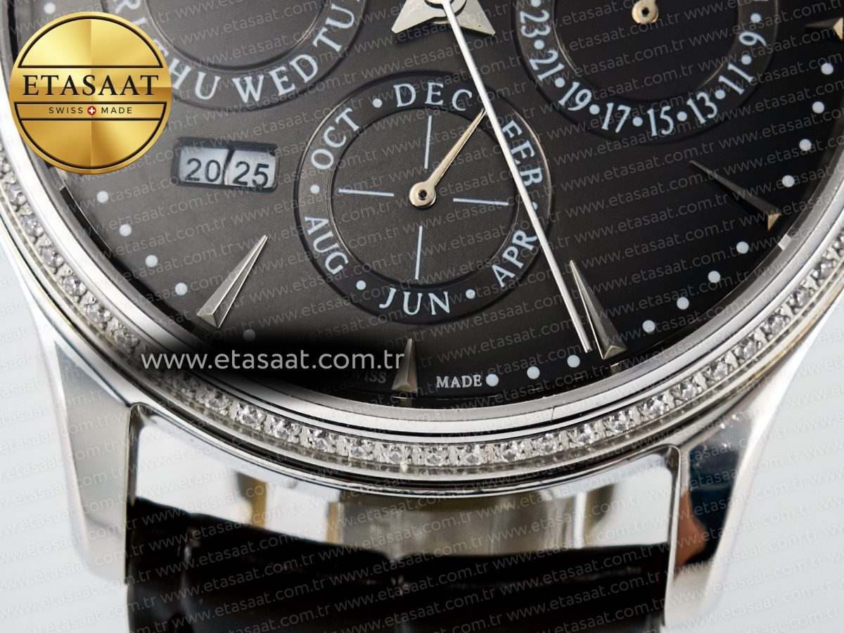 Jaeger Lecoultre Master Ultra Thin Perpetual Calendar SS V9F 1:1 Best Edition Gray Dial Diamonds Bezel on Black Leather Strap A868 V2 - Görsel 13