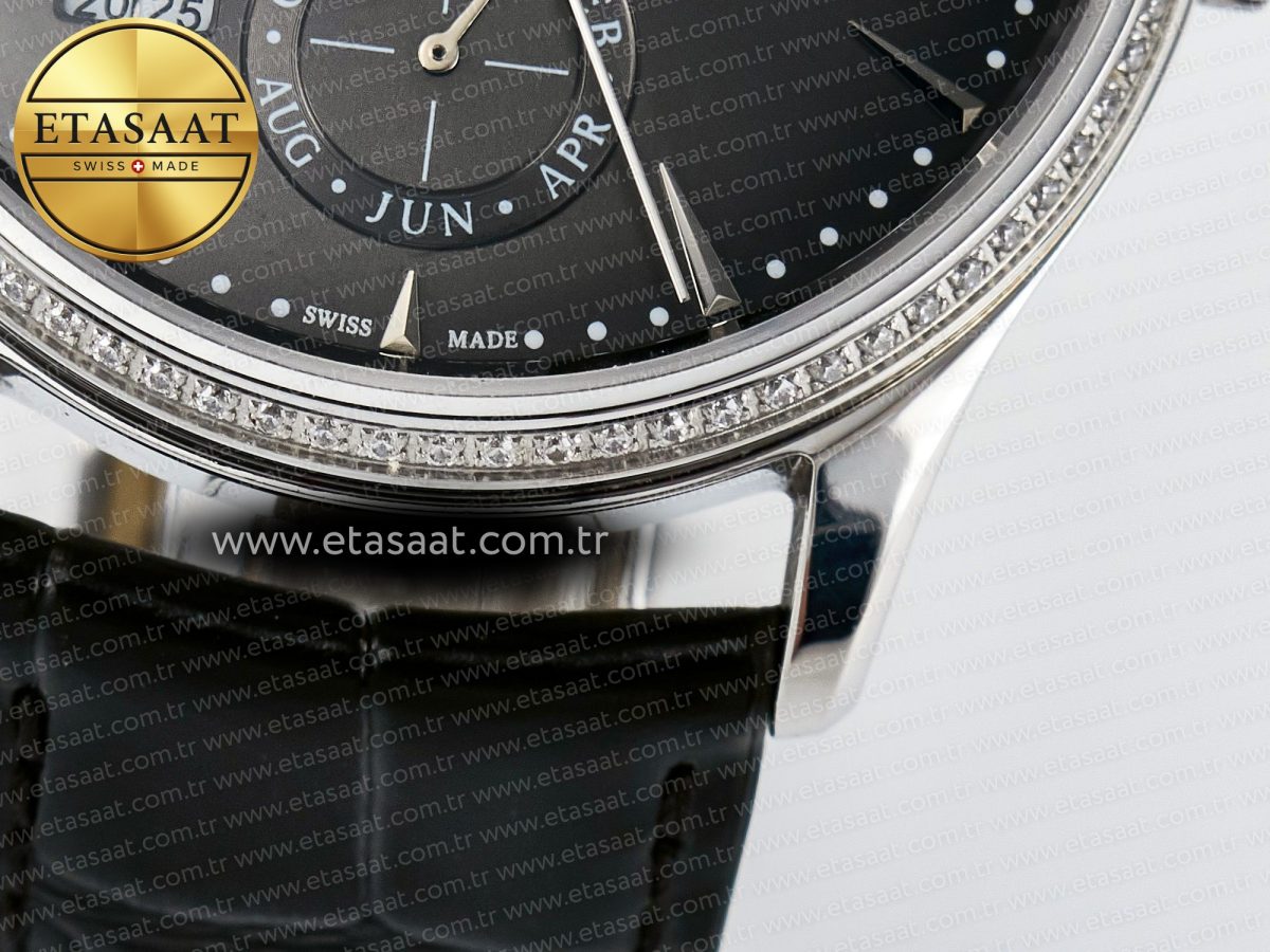 Jaeger Lecoultre Master Ultra Thin Perpetual Calendar SS V9F 1:1 Best Edition Gray Dial Diamonds Bezel on Black Leather Strap A868 V2 - Görsel 14