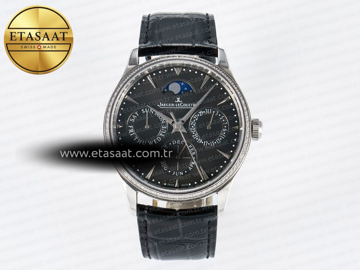 Jaeger Lecoultre Master Ultra Thin Perpetual Calendar SS V9F 1:1 Best Edition Gray Dial Diamonds Bezel on Black Leather Strap A868 V2 - Görsel 3