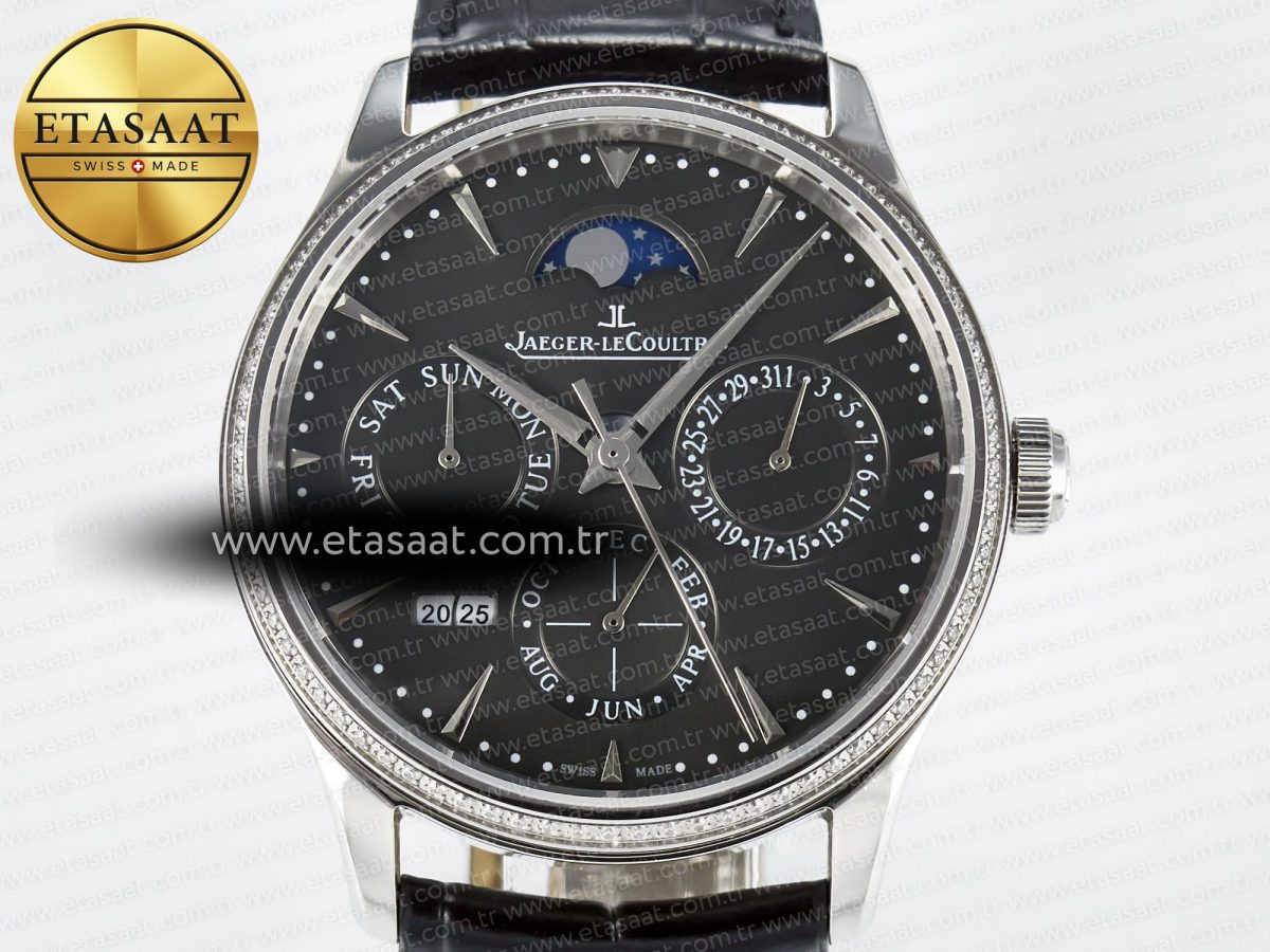 Jaeger Lecoultre Master Ultra Thin Perpetual Calendar SS V9F 1:1 Best Edition Gray Dial Diamonds Bezel on Black Leather Strap A868 V2 - Görsel 4