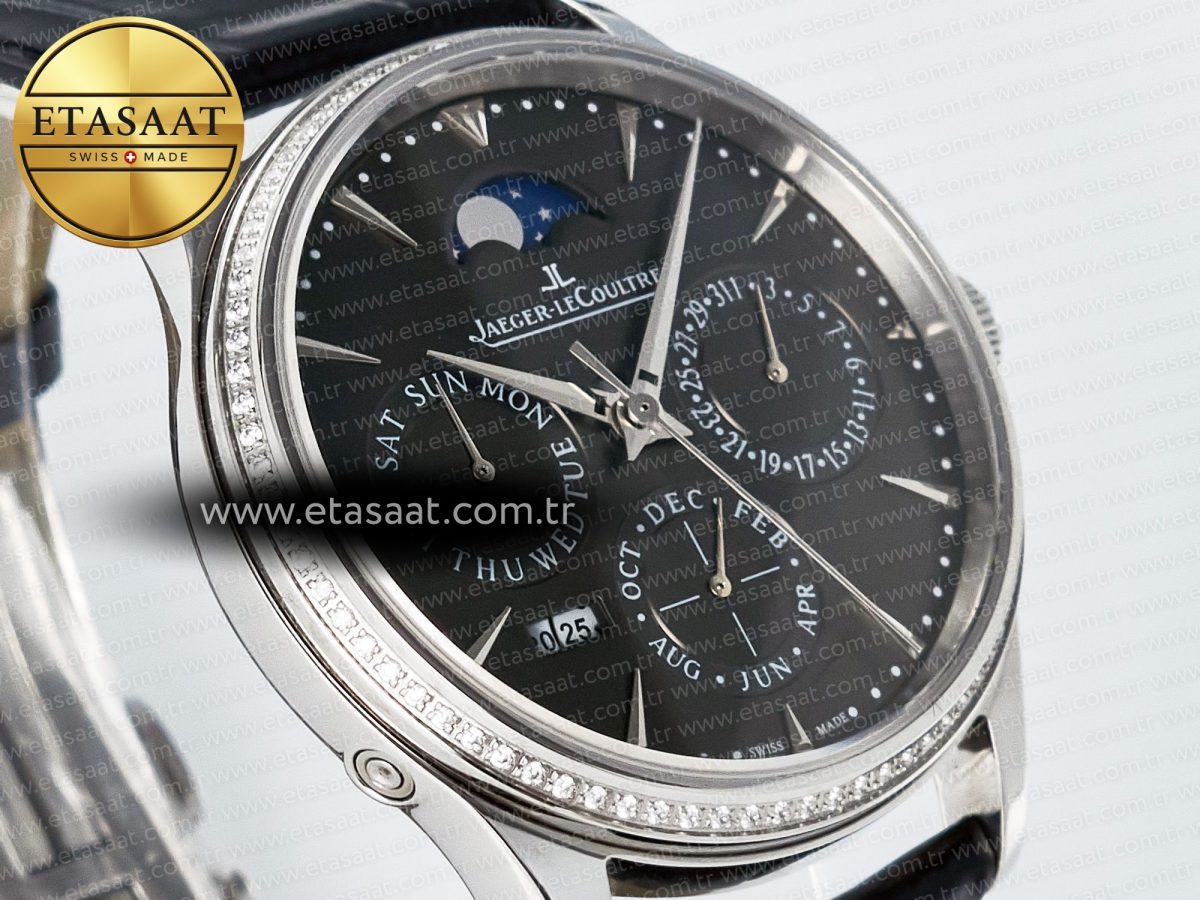 Jaeger Lecoultre Master Ultra Thin Perpetual Calendar SS V9F 1:1 Best Edition Gray Dial Diamonds Bezel on Black Leather Strap A868 V2 - Görsel 5
