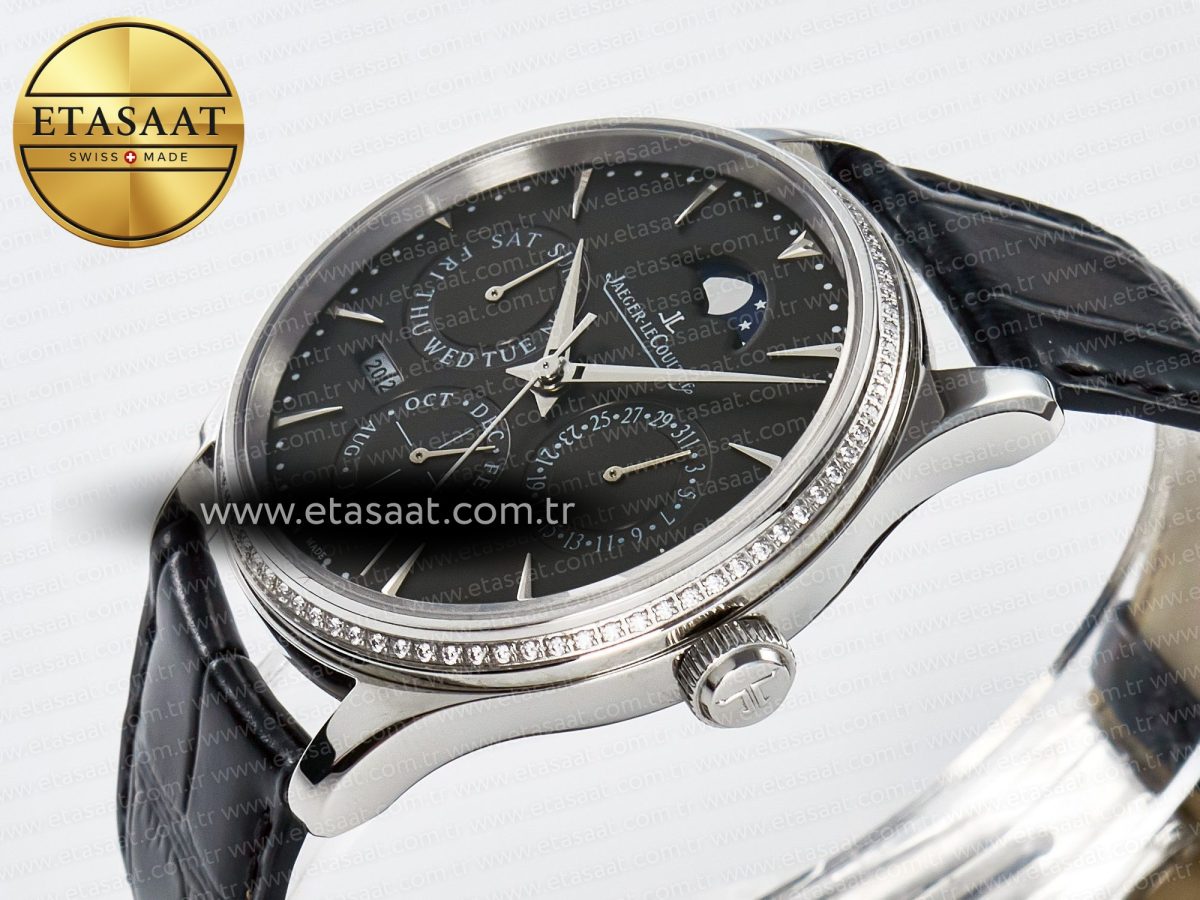 Jaeger Lecoultre Master Ultra Thin Perpetual Calendar SS V9F 1:1 Best Edition Gray Dial Diamonds Bezel on Black Leather Strap A868 V2 - Görsel 6