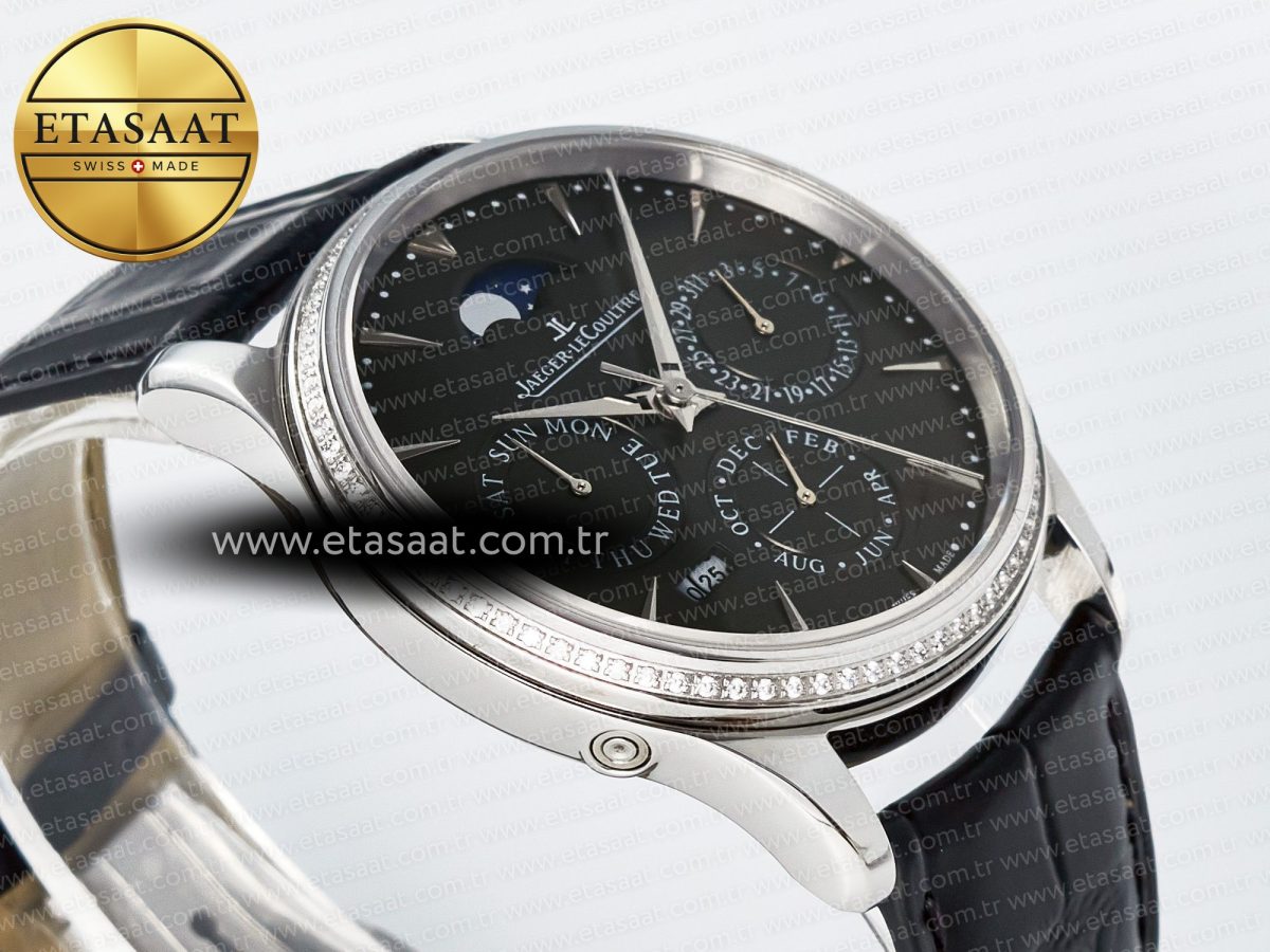 Jaeger Lecoultre Master Ultra Thin Perpetual Calendar SS V9F 1:1 Best Edition Gray Dial Diamonds Bezel on Black Leather Strap A868 V2 - Görsel 7