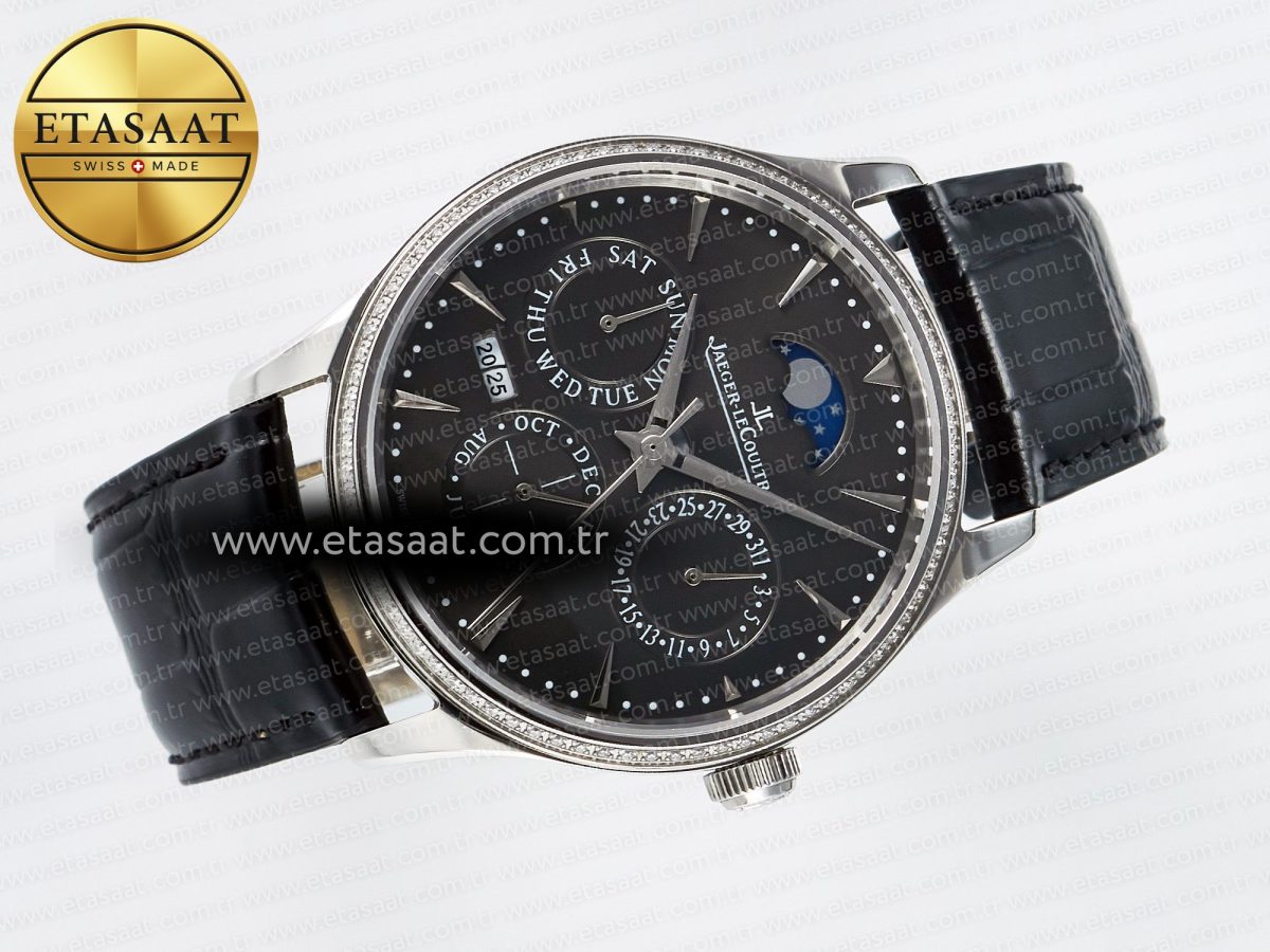 Jaeger Lecoultre Master Ultra Thin Perpetual Calendar SS V9F 1:1 Best Edition Gray Dial Diamonds Bezel on Black Leather Strap A868 V2 - Görsel 8