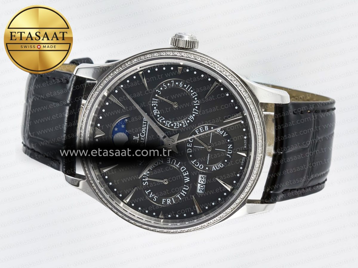 Jaeger Lecoultre Master Ultra Thin Perpetual Calendar SS V9F 1:1 Best Edition Gray Dial Diamonds Bezel on Black Leather Strap A868 V2 - Görsel 9