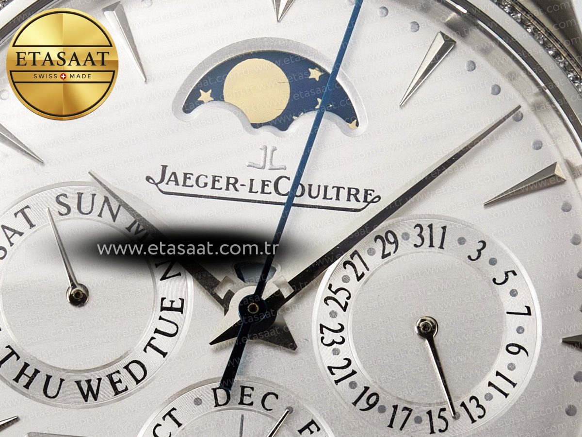 Jaeger Lecoultre Master Ultra Thin Perpetual Calendar SS V9F 1:1 Best Edition White Dial Diamonds Bezel on Black Leather Strap A868 V2 - Görsel 11