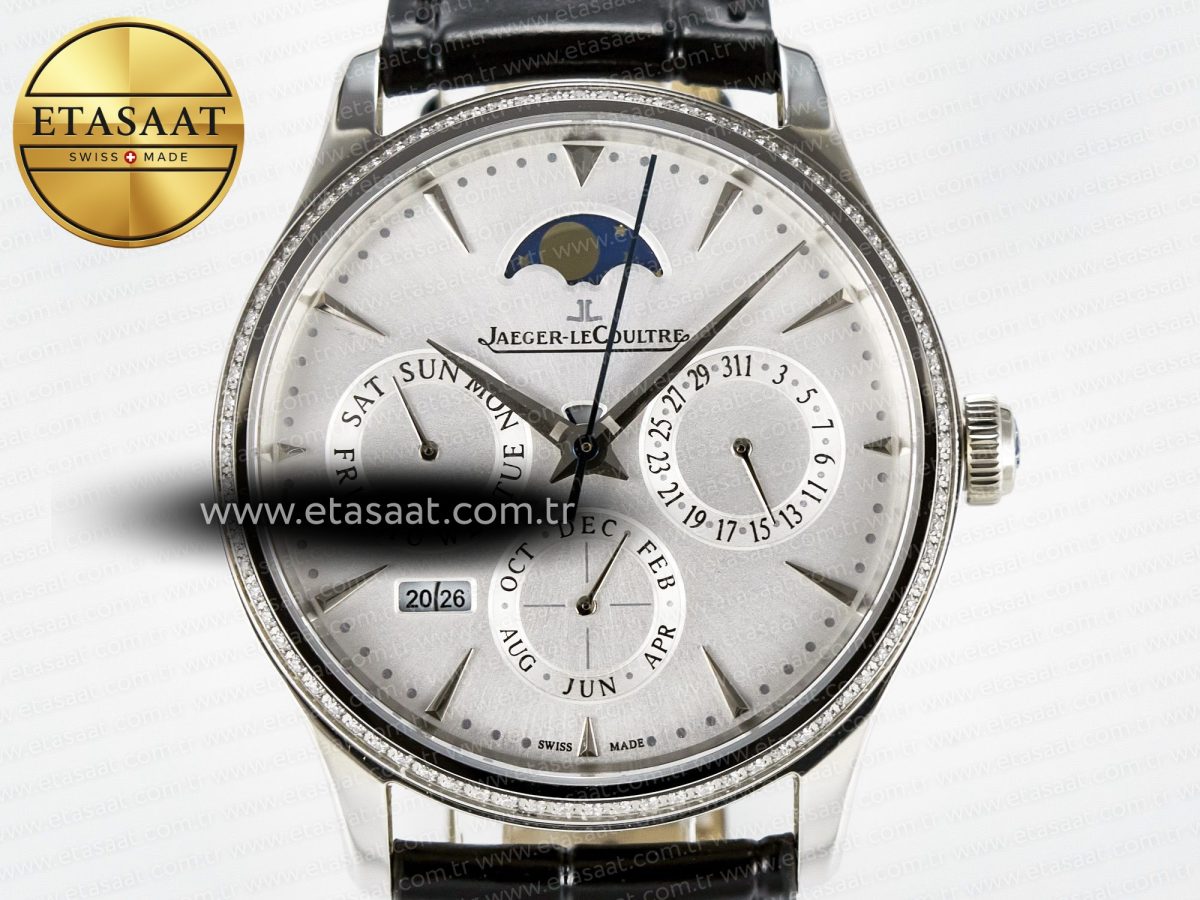Jaeger Lecoultre Master Ultra Thin Perpetual Calendar SS V9F 1:1 Best Edition White Dial Diamonds Bezel on Black Leather Strap A868 V2 - Görsel 4