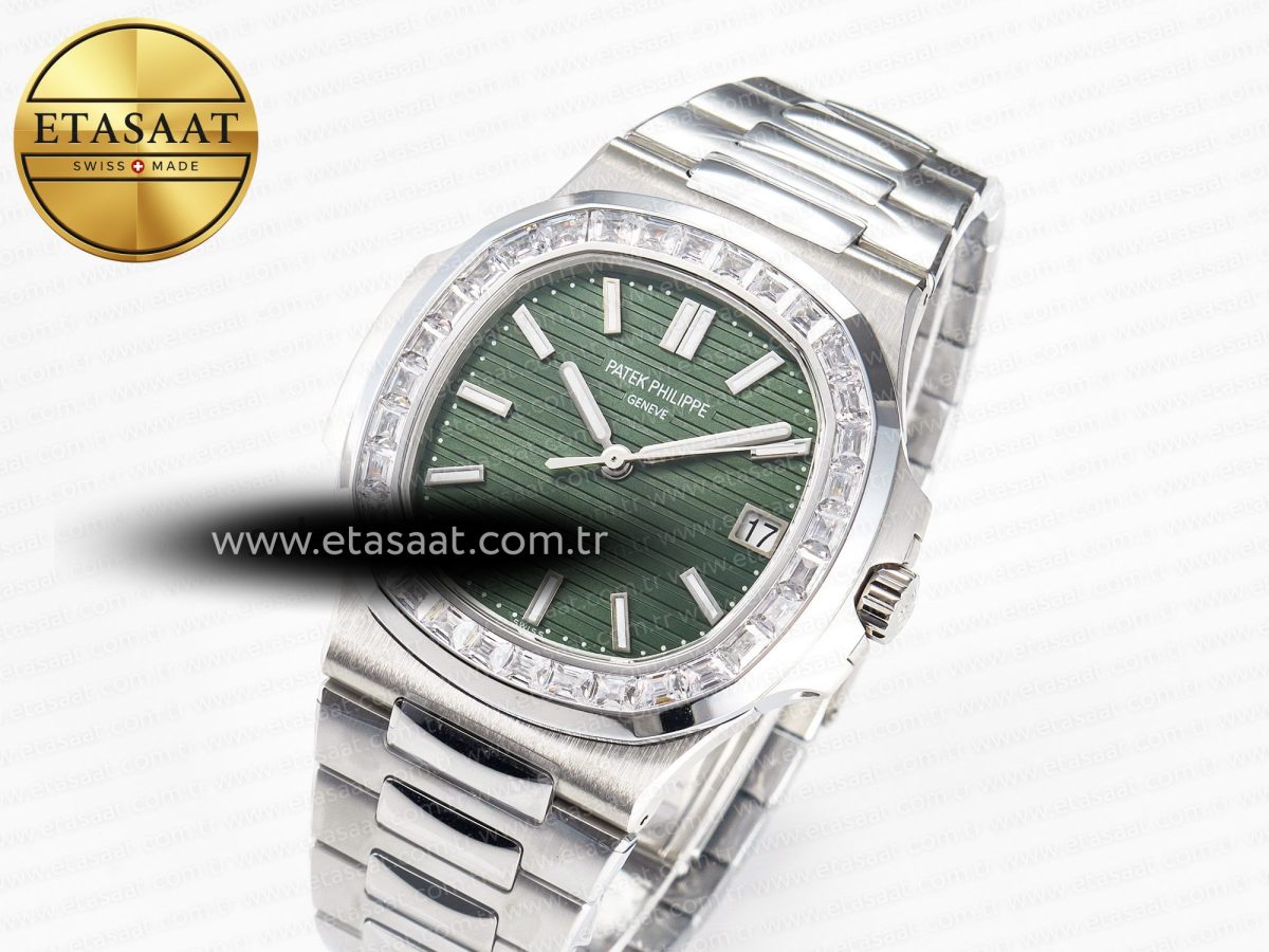 Patek Philippe Nautilus 5711 3KF 1:1 Best Edition Square Diamonds Bezel Green Dial on SS Bracelet A324 Super Clone V2 - Görsel 2