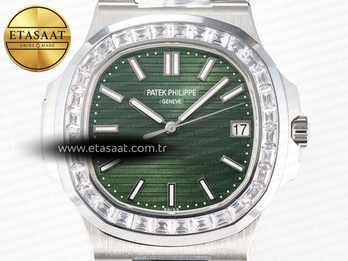 Patek Philippe Nautilus 5711 3KF 1:1 Best Edition Square Diamonds Bezel Green Dial on SS Bracelet A324 Super Clone V2 - Görsel 4