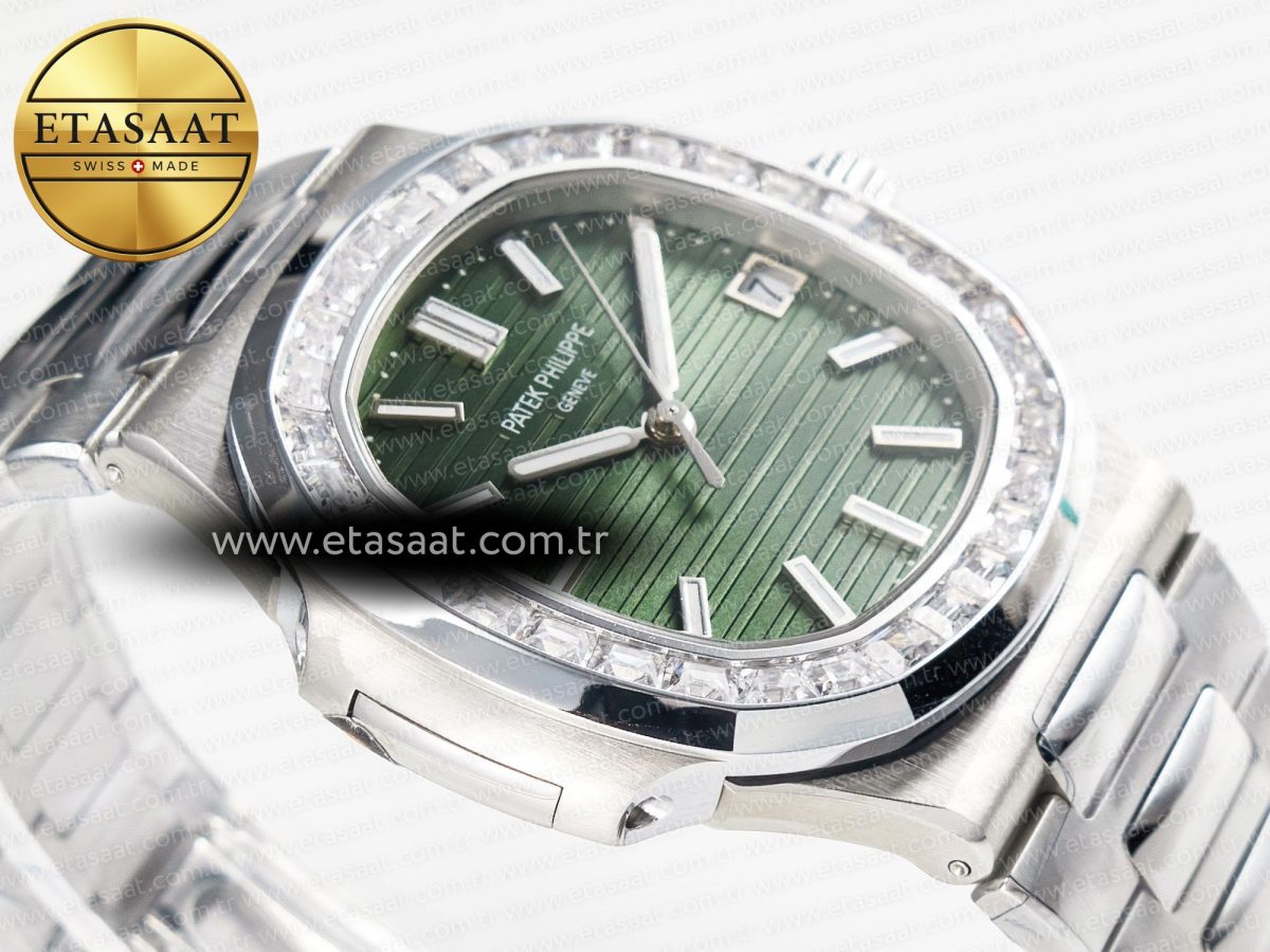 Patek Philippe Nautilus 5711 3KF 1:1 Best Edition Square Diamonds Bezel Green Dial on SS Bracelet A324 Super Clone V2 - Görsel 7