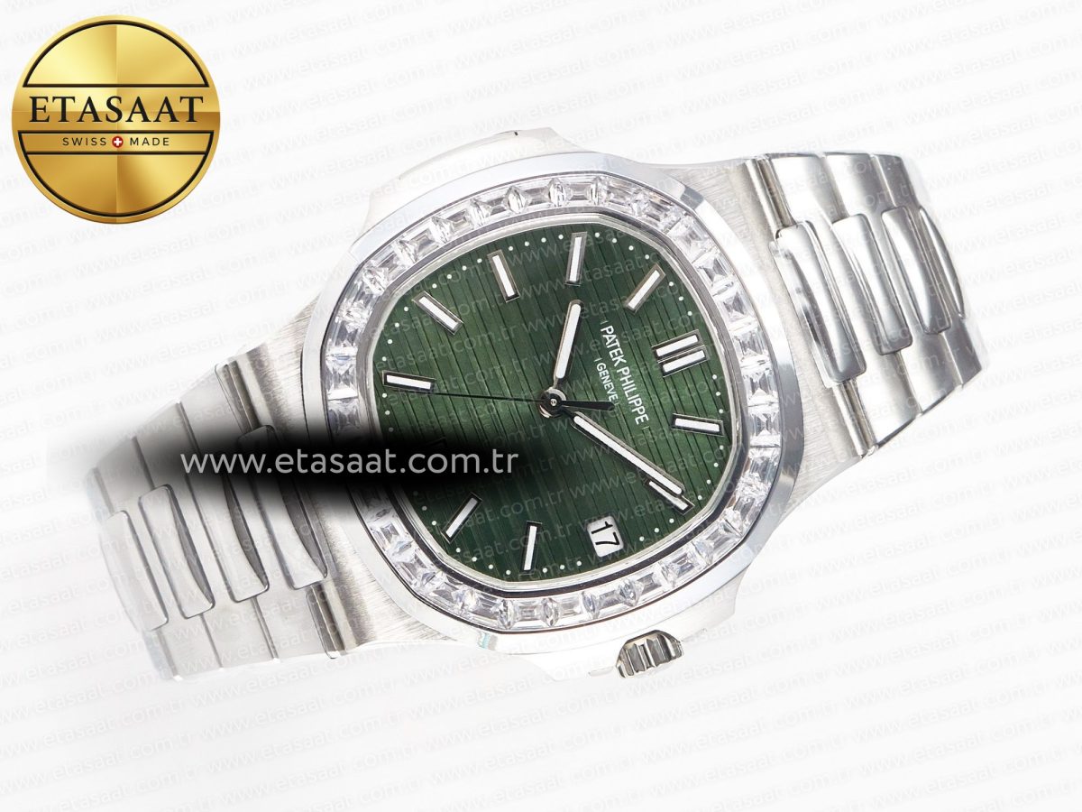Patek Philippe Nautilus 5711 3KF 1:1 Best Edition Square Diamonds Bezel Green Dial on SS Bracelet A324 Super Clone V2 - Görsel 8