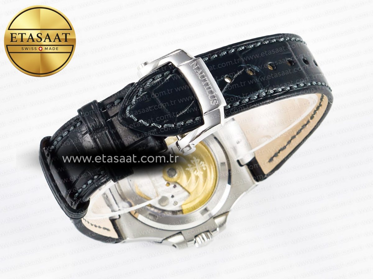 Patek Philippe Nautilus 5711 SS 3KF 1:1 Best Edition Gray Textured Dial on Black Leather Strap A324 Super Clone V2 - Görsel 15