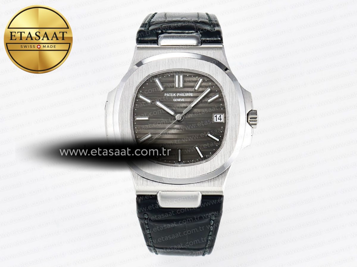 Patek Philippe Nautilus 5711 SS 3KF 1:1 Best Edition Gray Textured Dial on Black Leather Strap A324 Super Clone V2 - Görsel 3