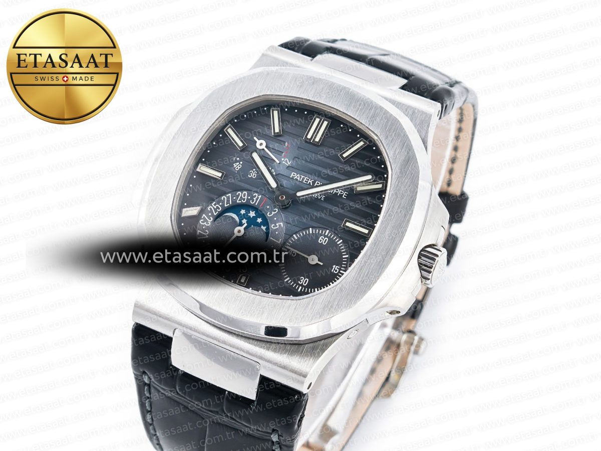 Patek Philippe Nautilus 5712 SS PPF 1:1 Best Edition Blue Dial on Black Leather Strap A240 Super Clone V2 - Görsel 2