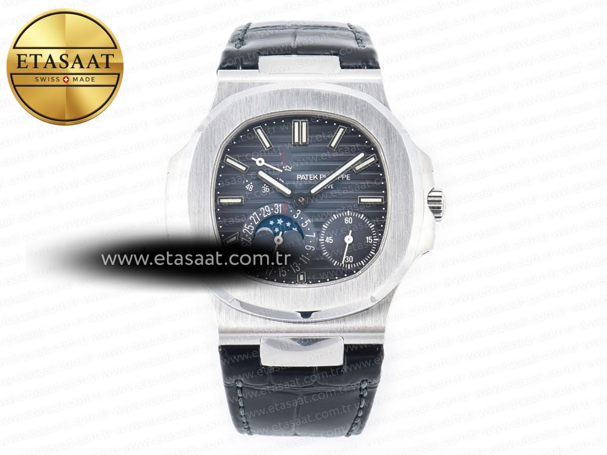 Patek Philippe Nautilus 5712 SS PPF 1:1 Best Edition Blue Dial on Black Leather Strap A240 Super Clone V2 - Görsel 3