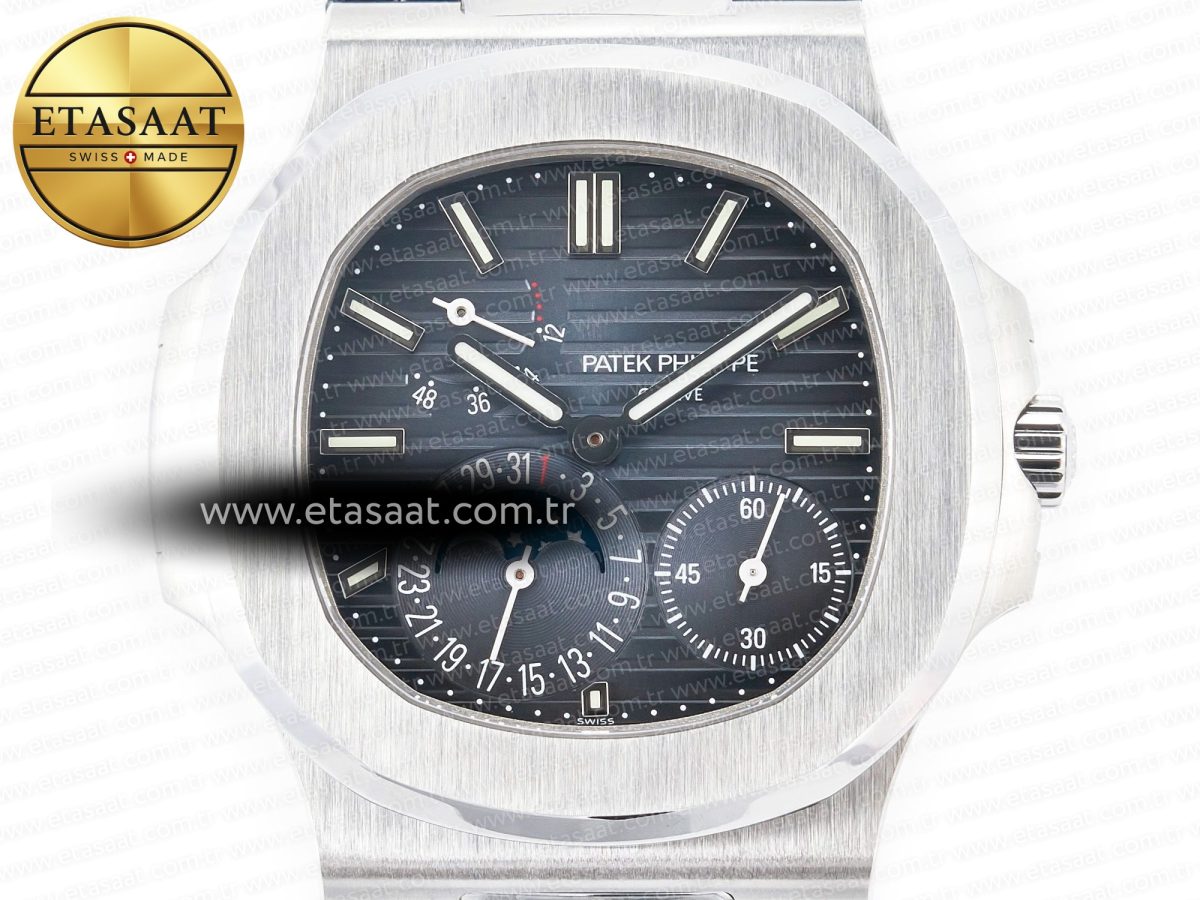 Patek Philippe Nautilus 5712 SS PPF 1:1 Best Edition Blue Dial on Black Leather Strap A240 Super Clone V2 - Görsel 4