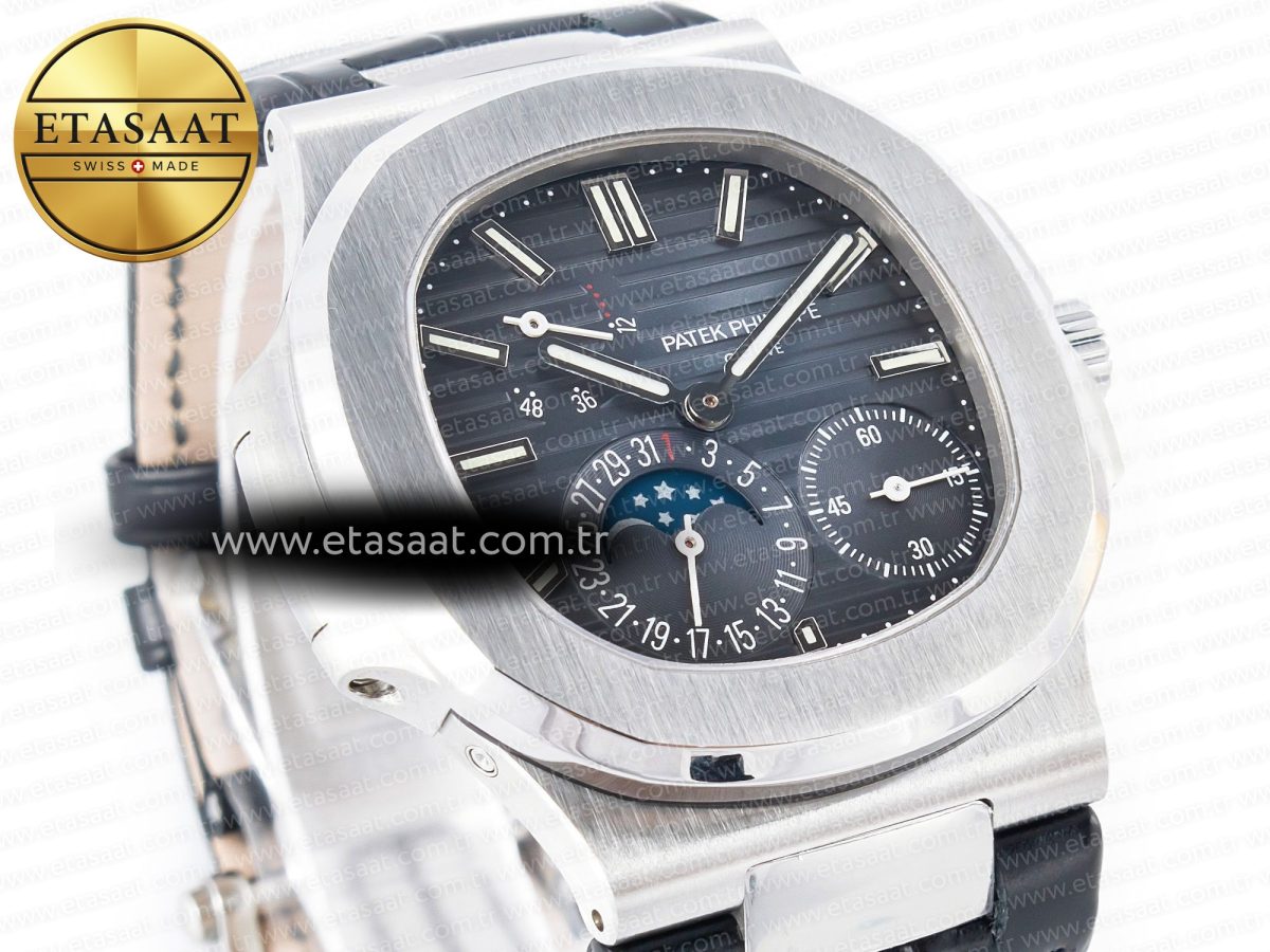 Patek Philippe Nautilus 5712 SS PPF 1:1 Best Edition Blue Dial on Black Leather Strap A240 Super Clone V2 - Görsel 5