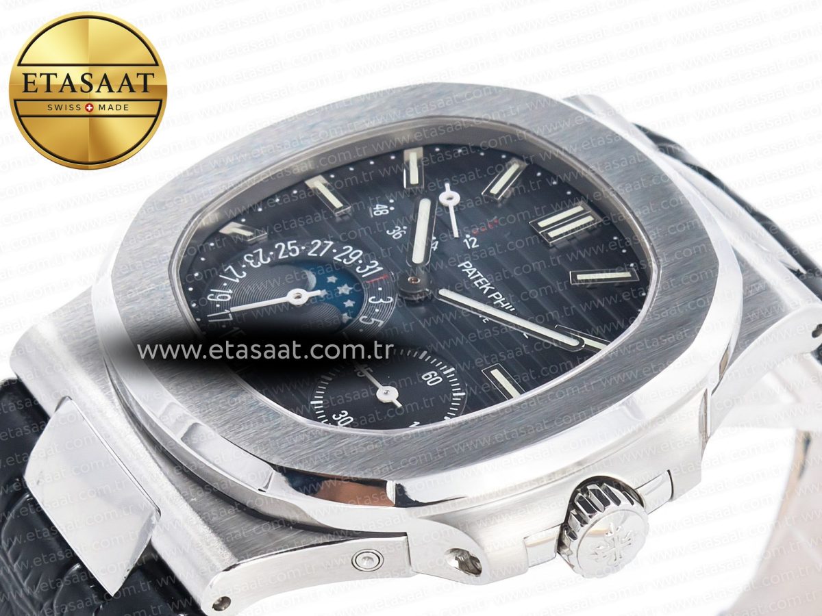 Patek Philippe Nautilus 5712 SS PPF 1:1 Best Edition Blue Dial on Black Leather Strap A240 Super Clone V2 - Görsel 6