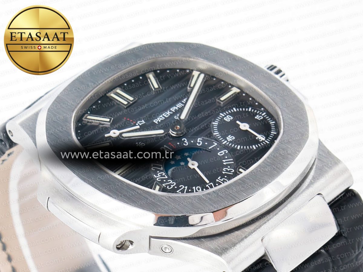 Patek Philippe Nautilus 5712 SS PPF 1:1 Best Edition Blue Dial on Black Leather Strap A240 Super Clone V2 - Görsel 7