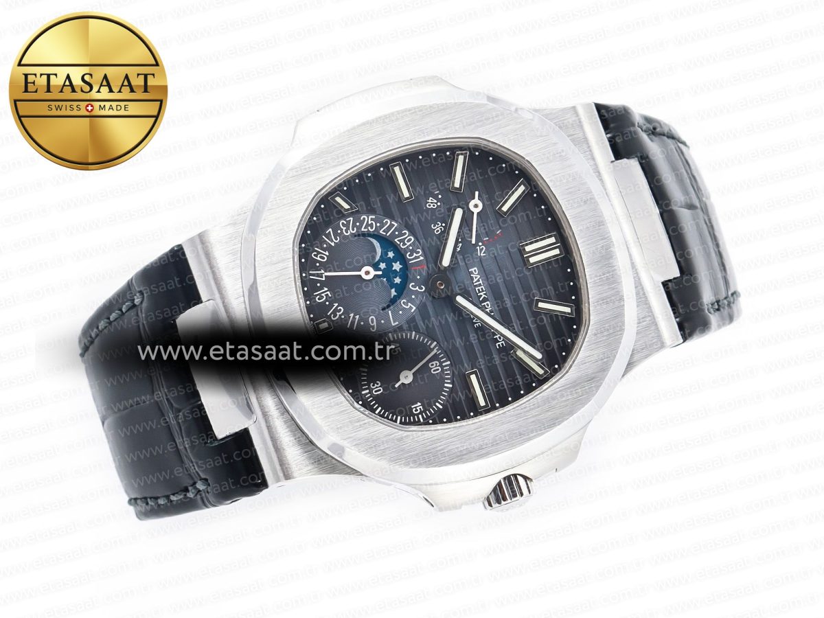 Patek Philippe Nautilus 5712 SS PPF 1:1 Best Edition Blue Dial on Black Leather Strap A240 Super Clone V2 - Görsel 8