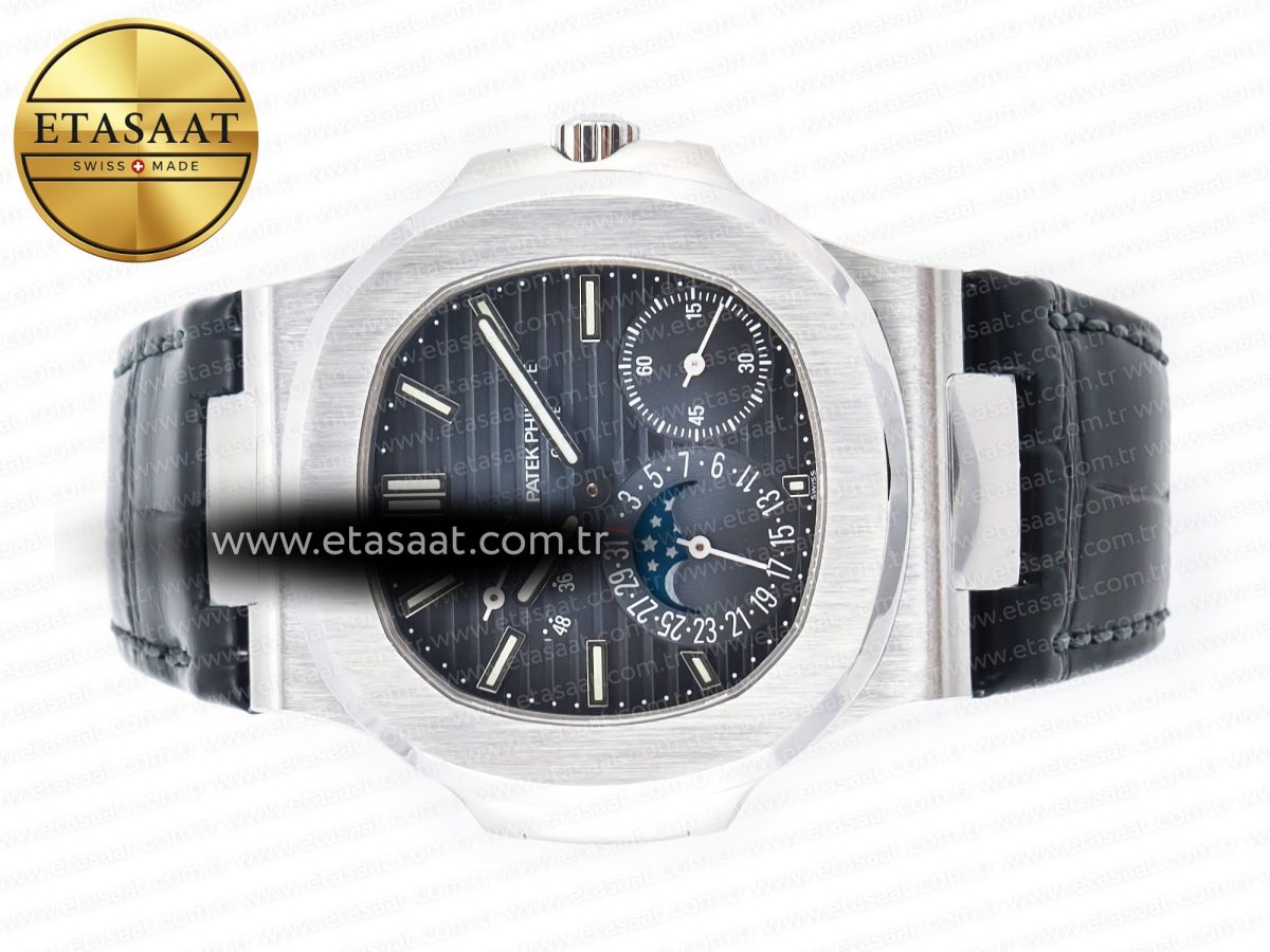 Patek Philippe Nautilus 5712 SS PPF 1:1 Best Edition Blue Dial on Black Leather Strap A240 Super Clone V2 - Görsel 9