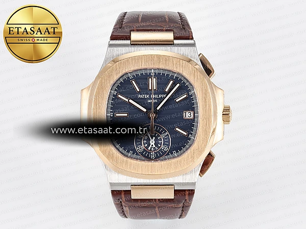 Patek Philippe Nautilus 5980 RG Mavi Kadran Kahve A7750 Eta Saat - 1:1 Süper Klon Replika Saat