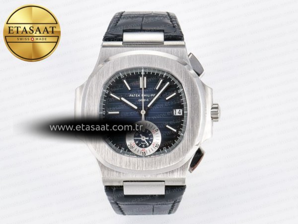 Patek Philippe Nautilus 5980 Mavi/ Kadran Siyah Deri A7750 Eta Saat - 1:1 Süper Klon Replika Saat