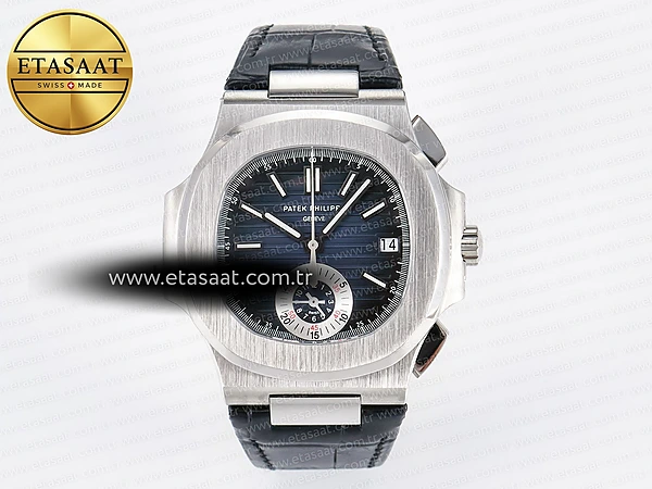 Patek Philippe Nautilus 5980 Mavi/ Kadran Siyah Deri A7750 Eta Saat - 1:1 Süper Klon Replika Saat