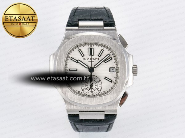 Patek Philippe Nautilus 5980 Beyaz Kadran Siyah Deri A7750 Eta Saat - 1:1 Süper Klon Replika Saat