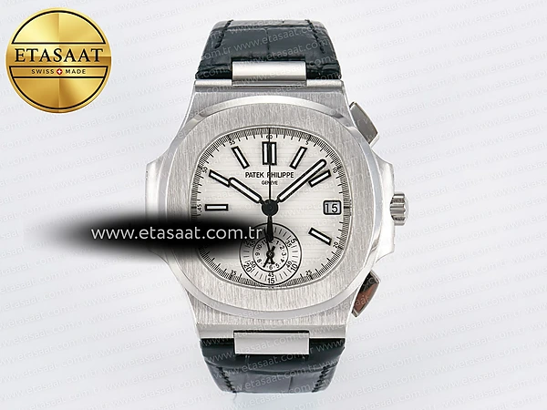 Patek Philippe Nautilus 5980 Beyaz Kadran Siyah Deri A7750 Eta Saat - 1:1 Süper Klon Replika Saat