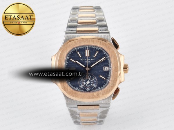 Patek Philippe Nautilus 5980 Çelik/RG 3KF Mavi PP.CH28-520 Eta Saat - 1:1 Süper Klon Replika Saat