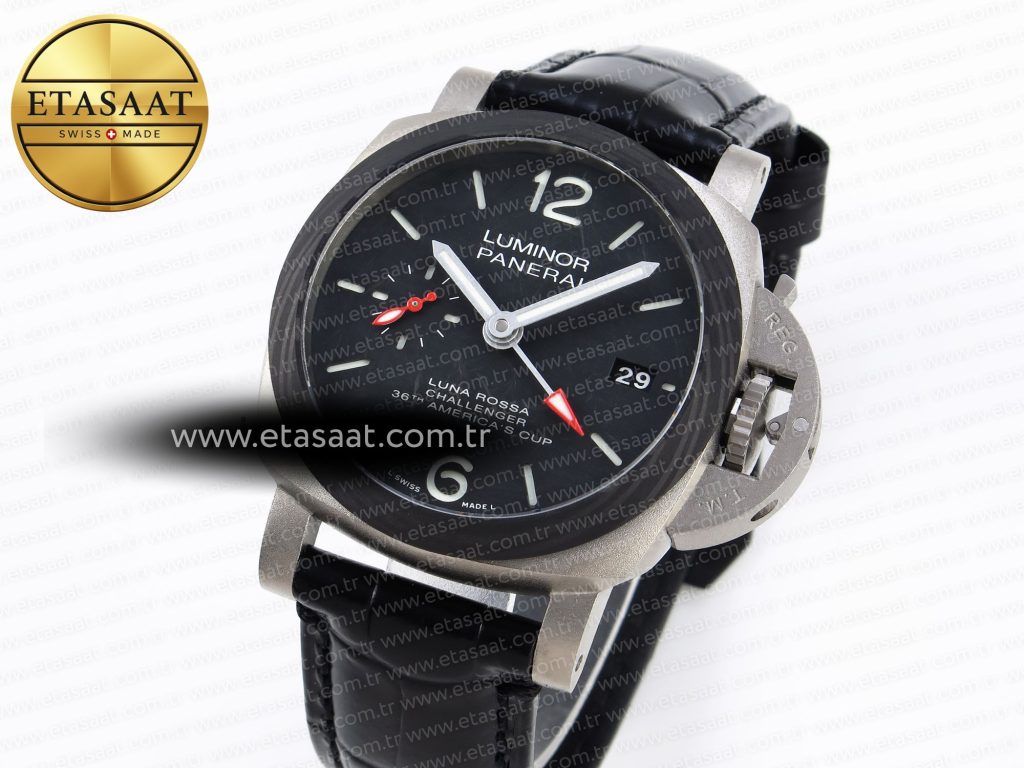 pam1096 w luminor gmt 42mm titanium vsf 11 best edition black dial on black leather strap p 9011 super clone1
