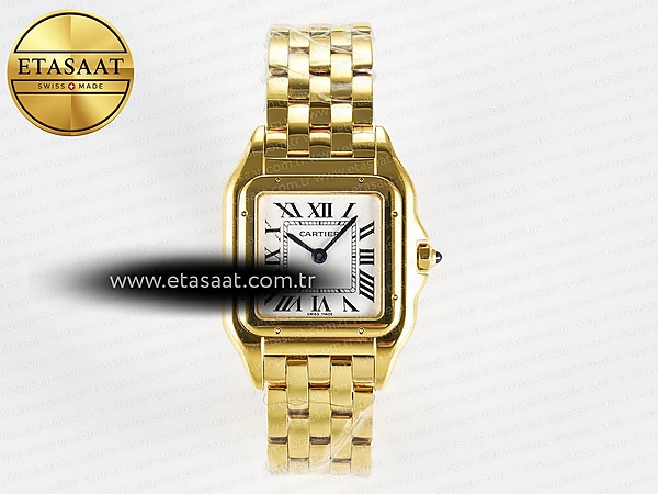 Cartier Panthère de Cartier 22mm Beyaz Kadran Sarı Altın Kasa Çelik Bilezik BVF Swiss Quartz Super Clone ETA – Ön Cephe Kadran ve Kasa Görünümü