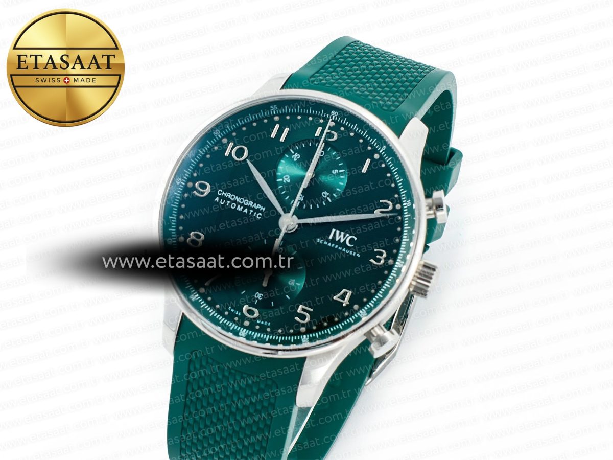 IWC Portuguese Chrono IW3716 Z+F 1:1 Best Edition Green Dial on Green Rubber Strap A69355 - Görsel 1