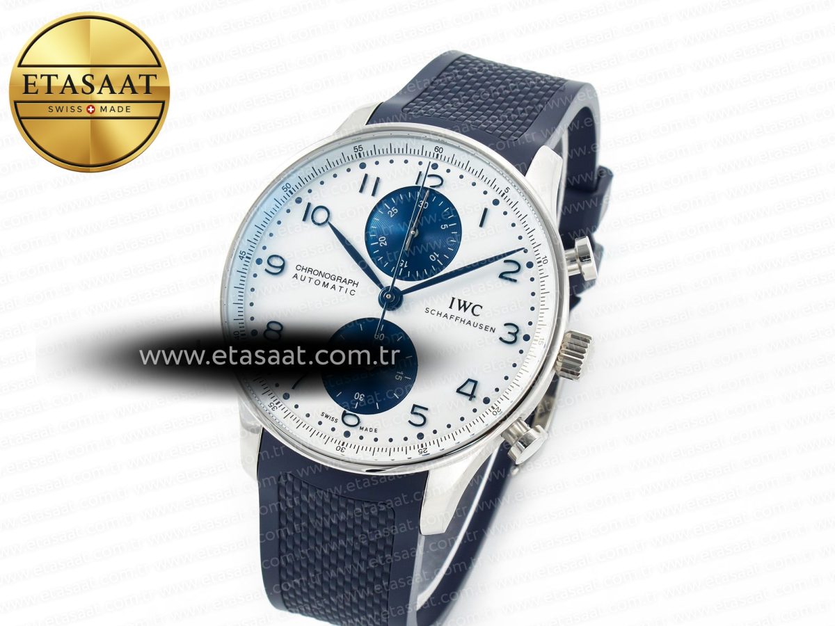 IWC Portuguese Chrono IW3716 Z+F 1:1 Best Edition White/Blue Dial on Blue Rubber Strap A69355 - Görsel 1