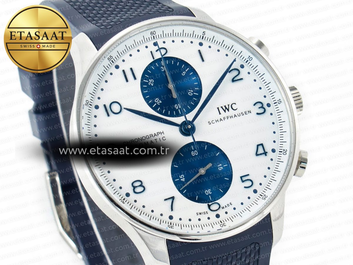 IWC Portuguese Chrono IW3716 Z+F 1:1 Best Edition White/Blue Dial on Blue Rubber Strap A69355 - Görsel 5