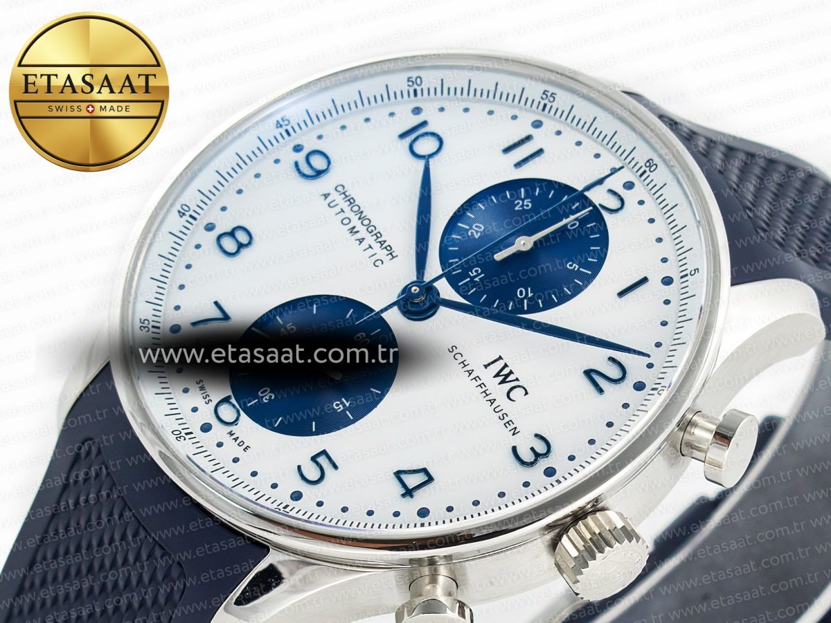 IWC Portuguese Chrono IW3716 Z+F 1:1 Best Edition White/Blue Dial on Blue Rubber Strap A69355 - Görsel 6