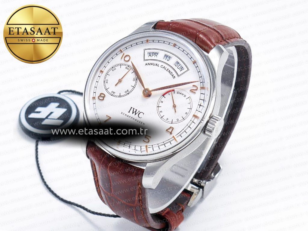 portuguese real pr real annual calendar iw5035 zf 11 best edition white dial rg markers on brown leather strap a528501