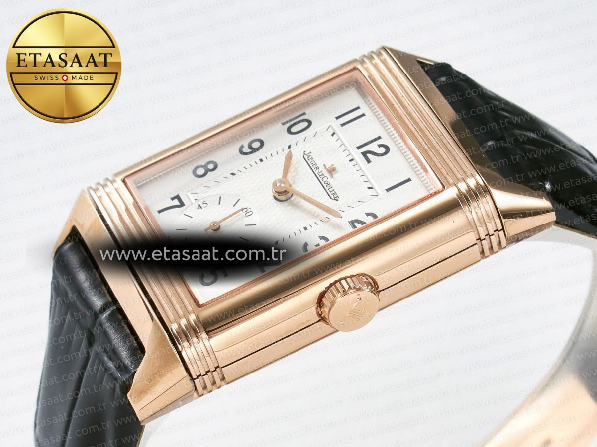 Jaeger Lecoultre Reverso Classic Duoface Small Seconds RG MGF Best Edition White Guilloché Dial on Black Leather Strap A854A - Görsel 10