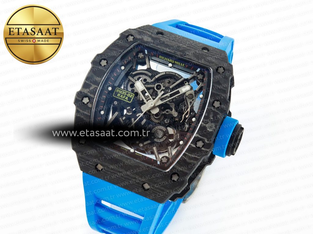 rm035 carbon sonic best edition skeleton dial on blue rubber strap clone rmul2 v21