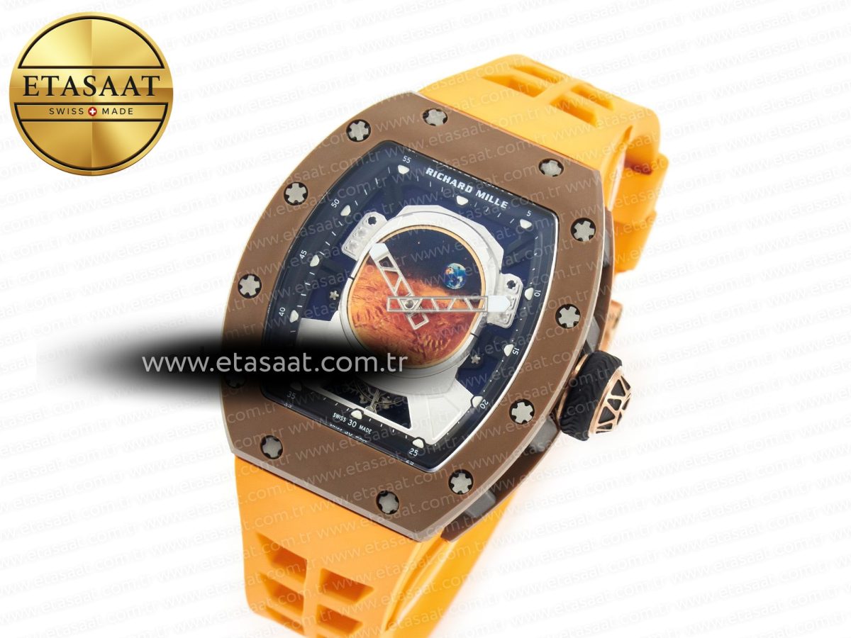 Richard Mille RM052-05 Brown Ceramic Bezel Carbon Case YSF Best Edition Skeleton Dial on Orange Rubber Strap Tourbillon - Görsel 2