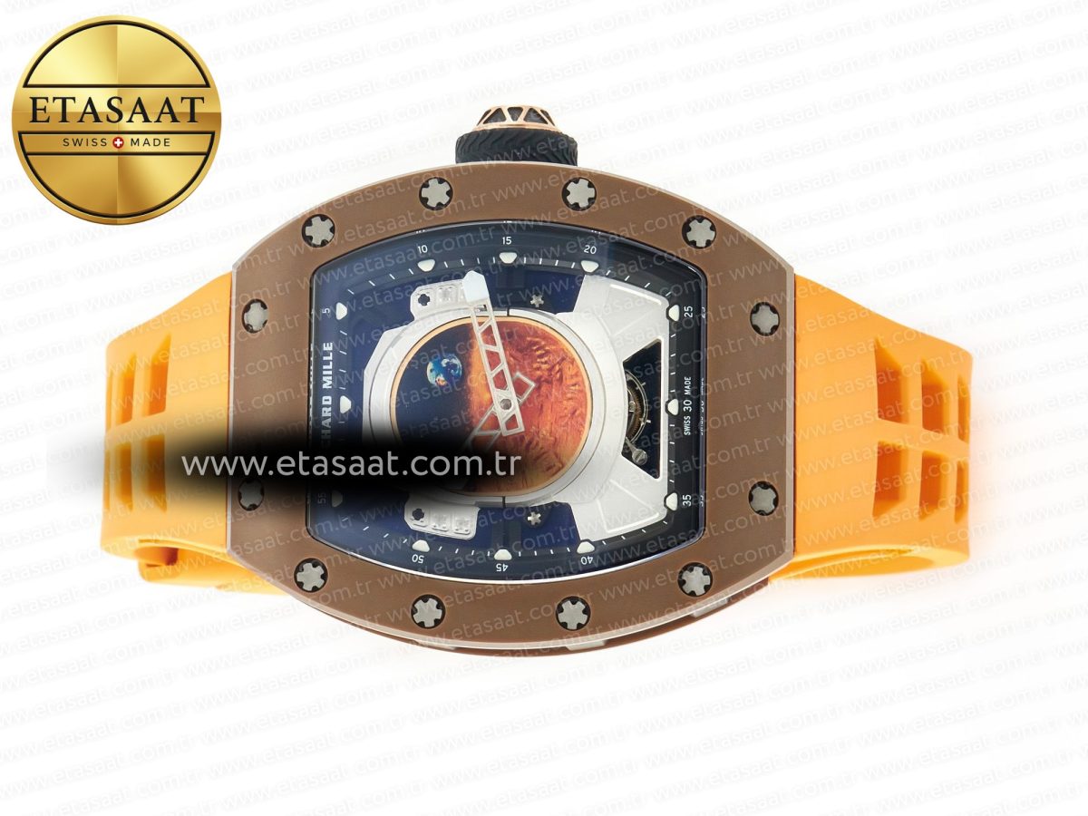 Richard Mille RM052-05 Brown Ceramic Bezel Carbon Case YSF Best Edition Skeleton Dial on Orange Rubber Strap Tourbillon - Görsel 9
