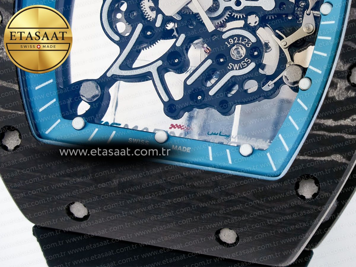 Richard Mille RM055 NTPT UOKF 1:1 Best Edition Blue Inner Bezel Black Crown on Black Rubber Strap RMUL2 Super Clone - Görsel 12