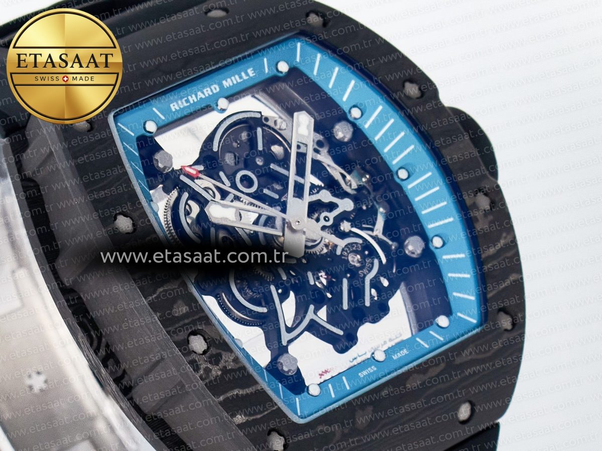 Richard Mille RM055 NTPT UOKF 1:1 Best Edition Blue Inner Bezel Black Crown on Black Rubber Strap RMUL2 Super Clone - Görsel 5