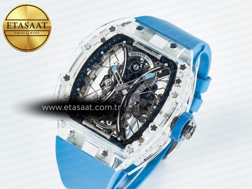 rm53 02 transparent tourbillon rmf best edition skeleton dial on blue rubber strap1