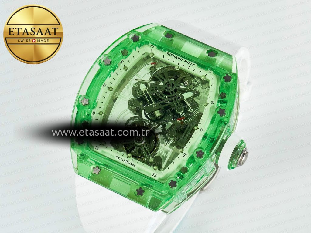 rm56 01 green transparent tourbillon rmf best edition skeleton dial on white rubber strap2