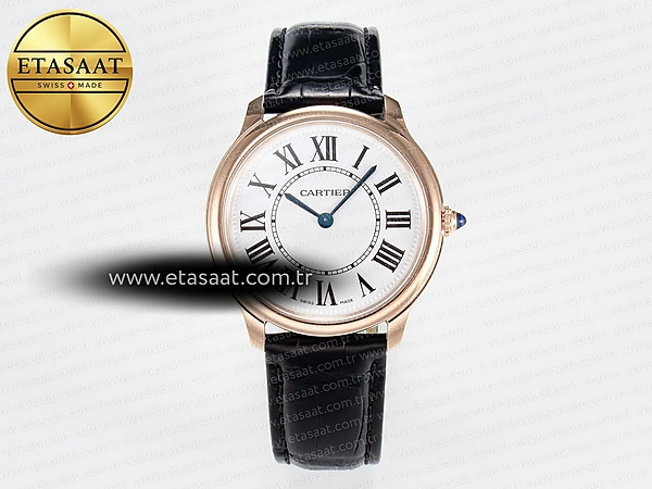 Cartier Ronde de Cartier 36mm Beyaz Kadran Rose Gold Kasa Deri Kordon DRF Swiss Quartz Super Clone ETA – Ön Cephe Kadran ve Kasa Görünümü