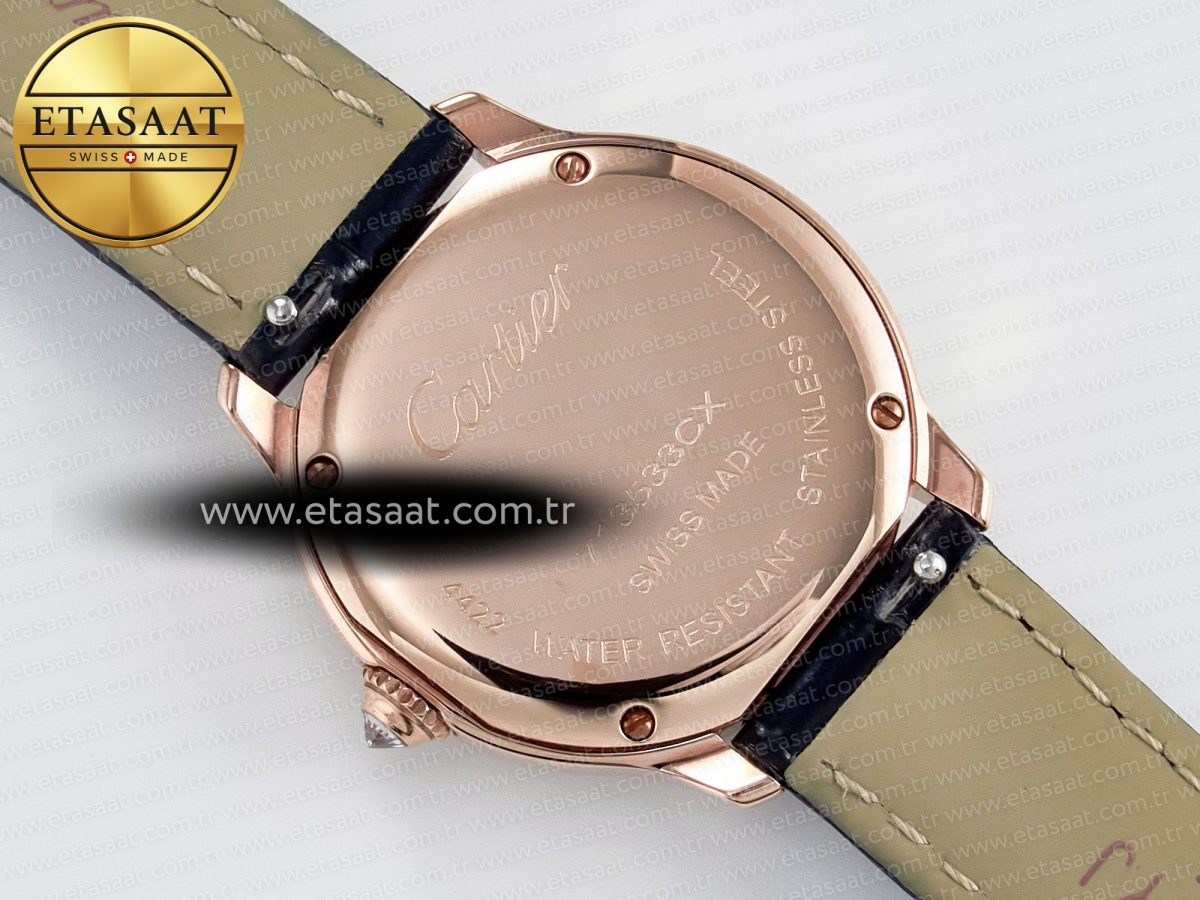 Cartier Ronde Louis Cartier 29mm RG DRF 1:1 Best Edition Sandblasted Beige Dial Diamonds Bezel on Black Leather Strap Ronda Quartz - Görsel 15