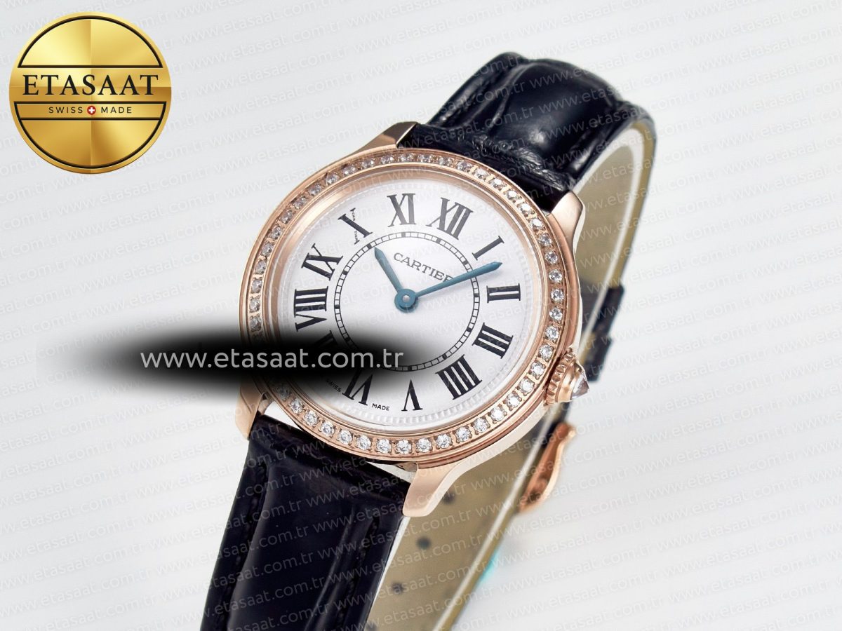 Cartier Ronde Louis Cartier 29mm RG DRF 1:1 Best Edition Sandblasted Beige Dial Diamonds Bezel on Black Leather Strap Ronda Quartz - Görsel 2